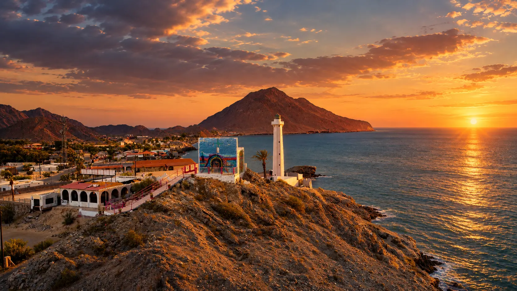 Faro de San Felipe al atardecer sobre el Mar de Cortés